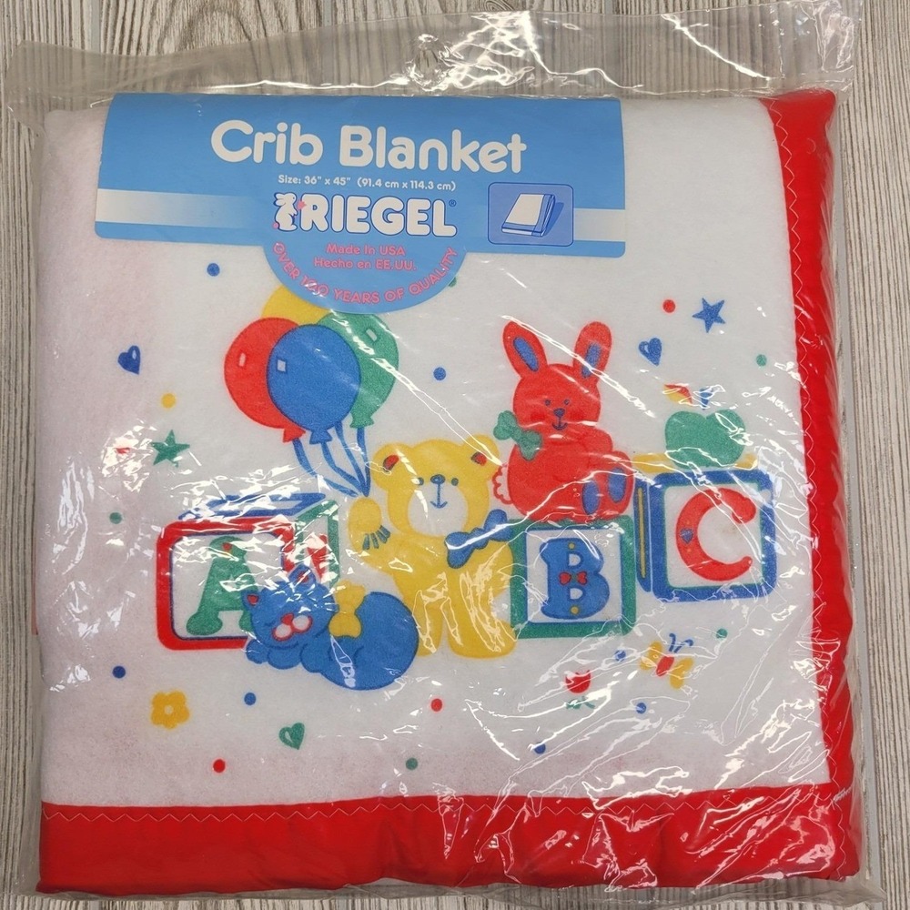 Riegel Crib Blanket ABC Blocks Animals Balloons Kitten Teddy Bear Bunny Red Trim